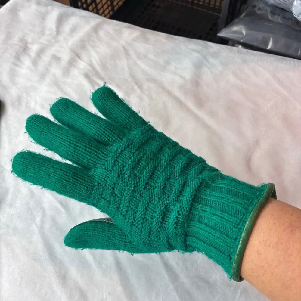 Vintage Forest Green Cable Lattice Knit Gloves Genuine Leather Trim Ladies OS